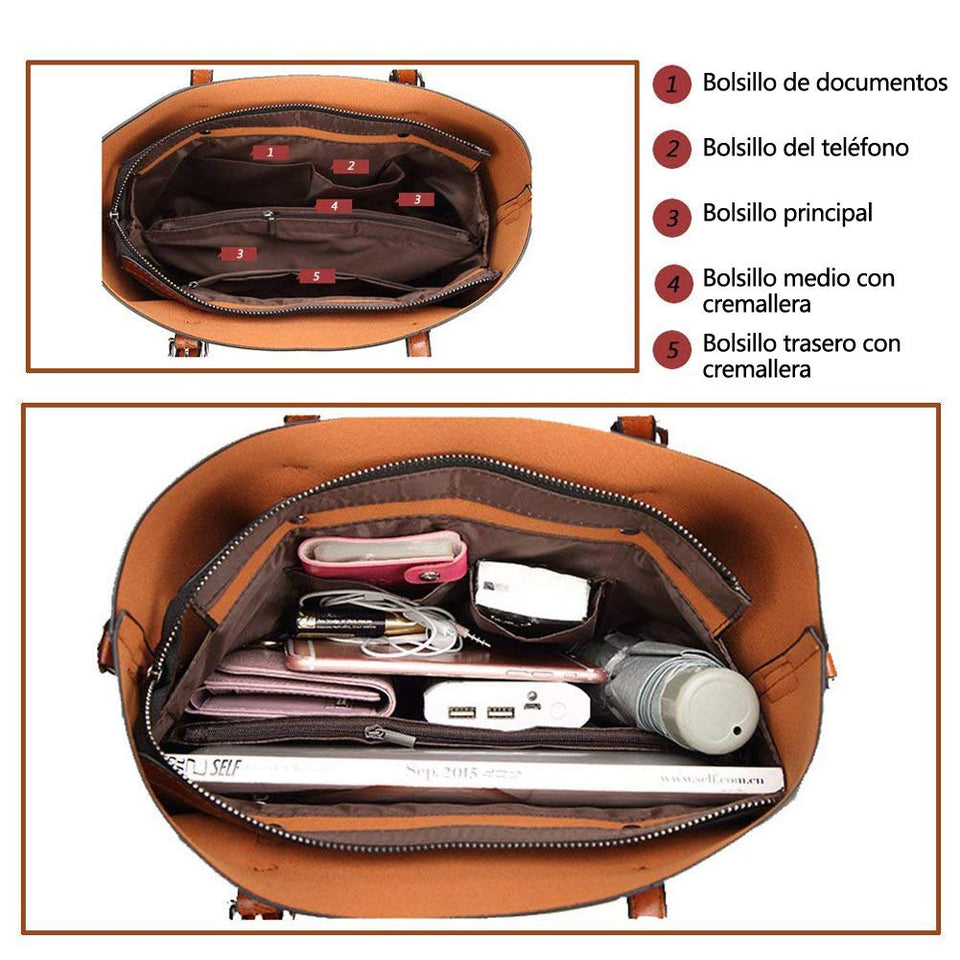 Mujer Tote Bolsa Dama Moda Bolso de Mano con Asa Bandolera - Gran Capacidad Suave PU Cuero Señora Bolsos de Hombro